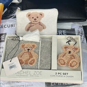 Rachel Zoe Silver and Tan Beaded Bear Coin Purse Set